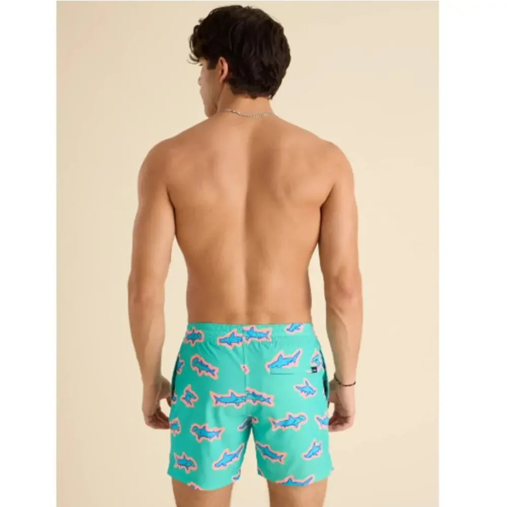 chubbies Teal Swim Trunks with Blue and Pink Starfish Print